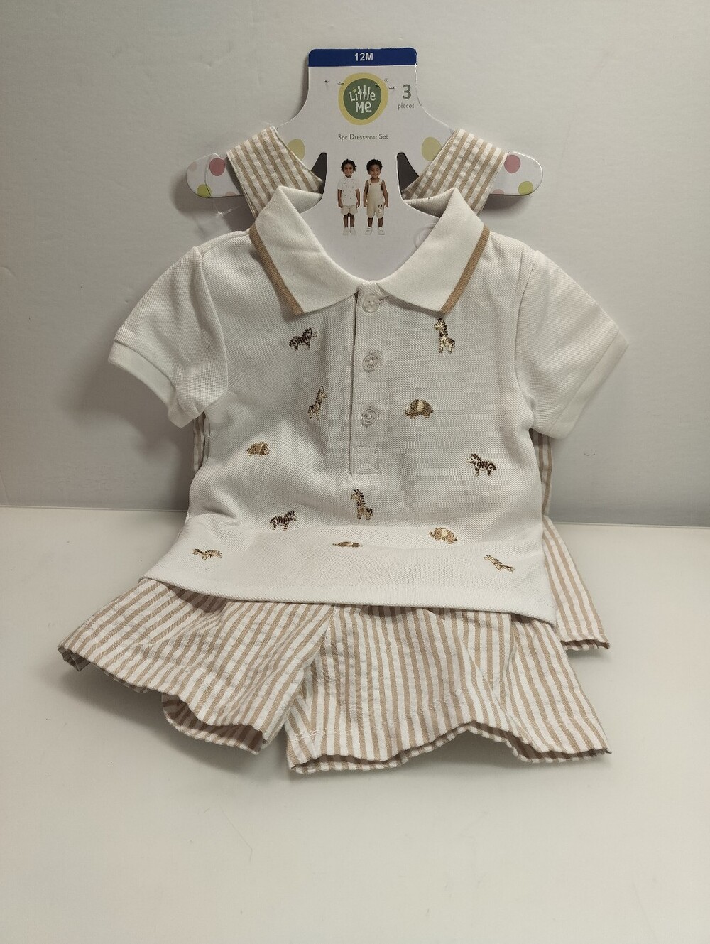 Little Me Boys 3 Piece Dress Wear Set Cream White Embroidered Animals 12M